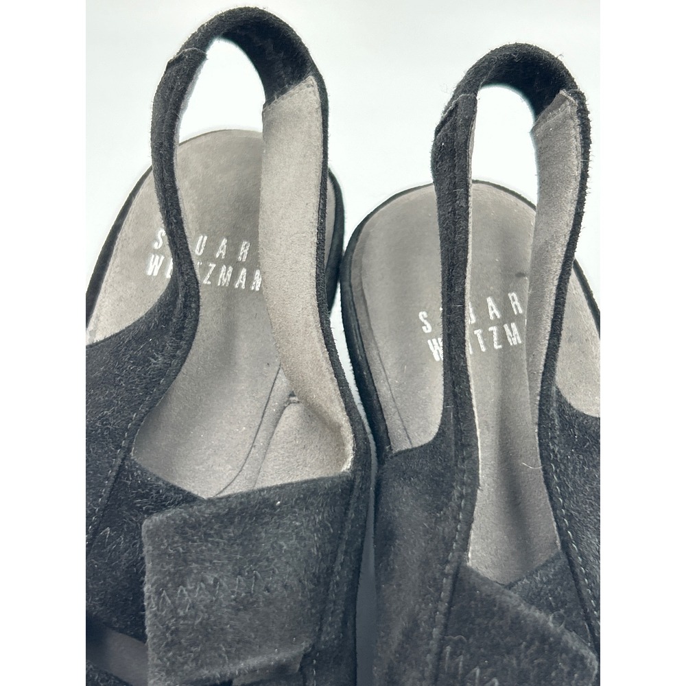 Stuart Weitzman Black Suede Peep Toe Wedge Sandals Multi Strap Slingback 8.5 - Picture 4 of 8
